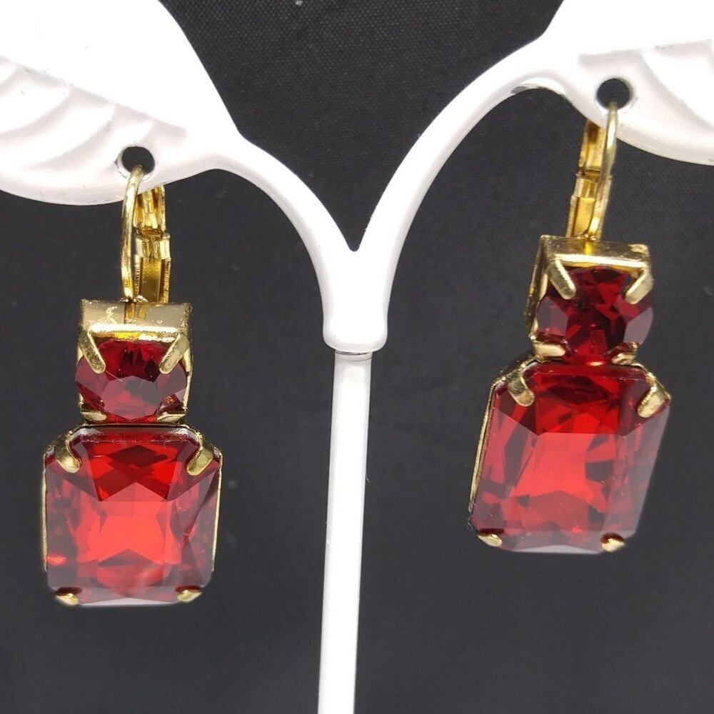 Vintage Red Rhinestone Lever Back Earrings, Gold Tone, 1990s, 1 3/8 Inches